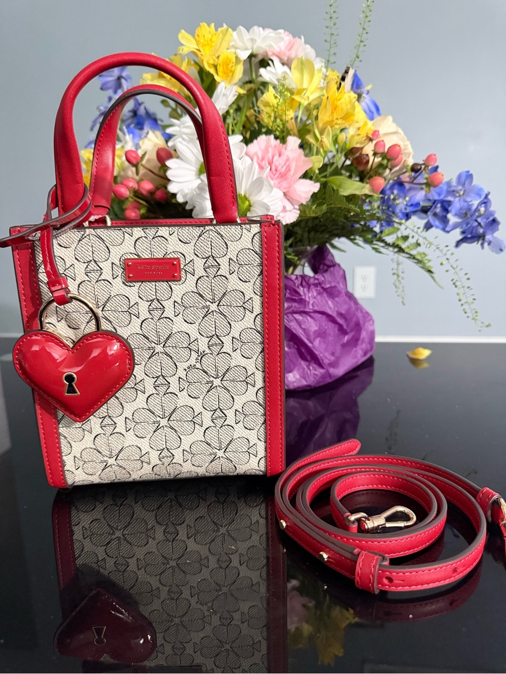 kate spade Red and Cream Floral Monogram Mini Tote with Heart Charm